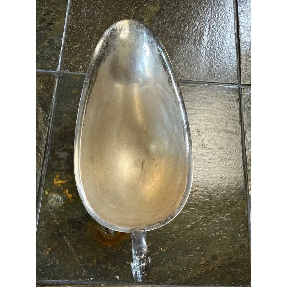 Vintage Gravy Boat Tableware Silver Tarnished Patina Ornate Handle Pedestal Base